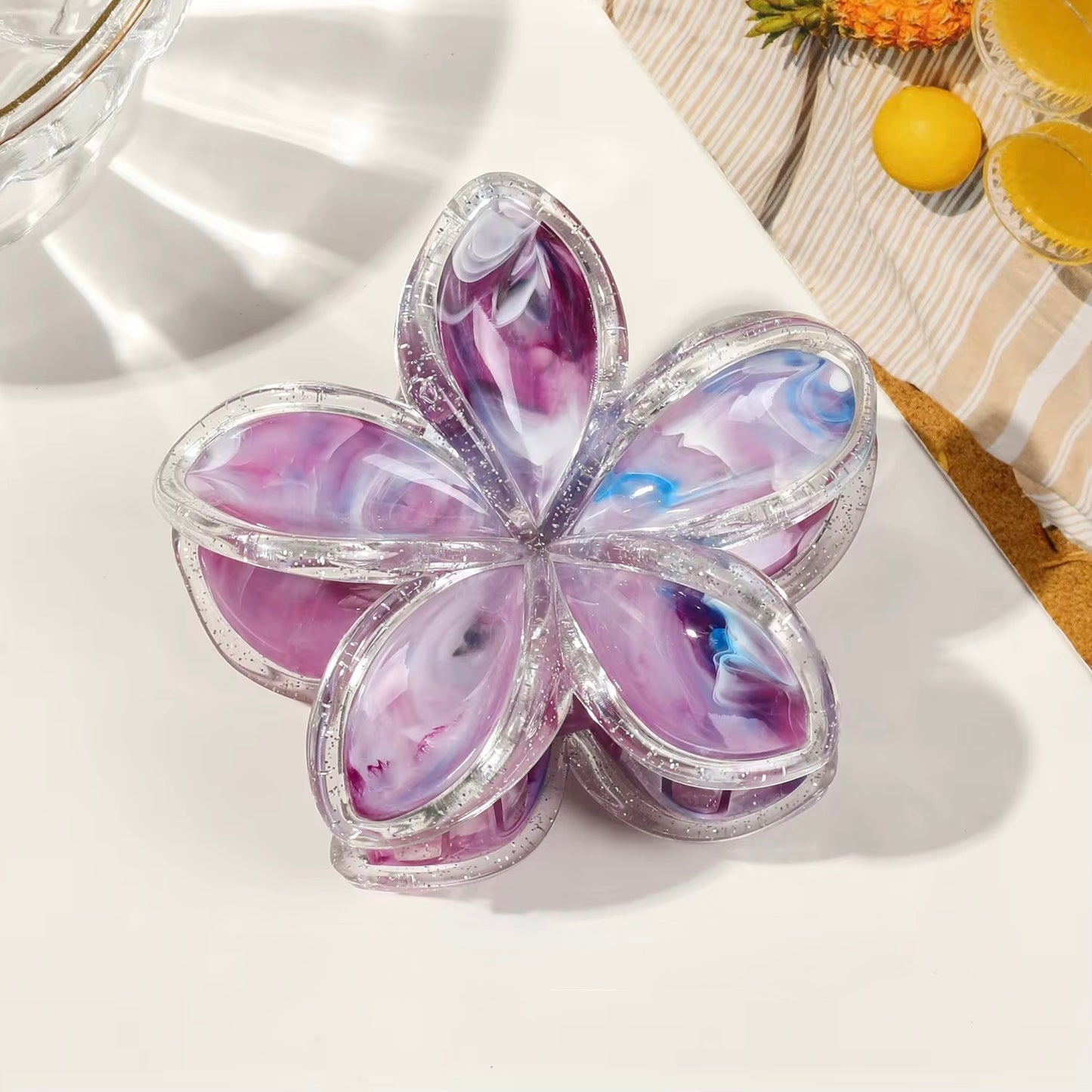 Flower hair claw clip- transparent marbling